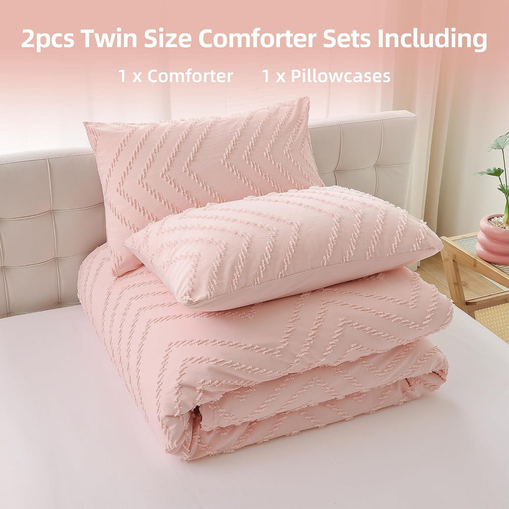 YIRDDEO Twin Size Comforter 2Pcs, Blush Pink Boho Chevron Bedding Sets