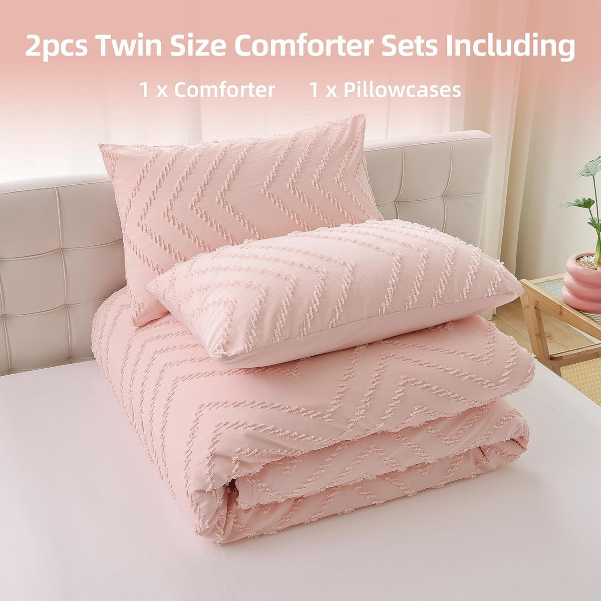 YIRDDEO Twin Size Comforter 2Pcs, Blush Pink Boho Chevron Bedding Sets