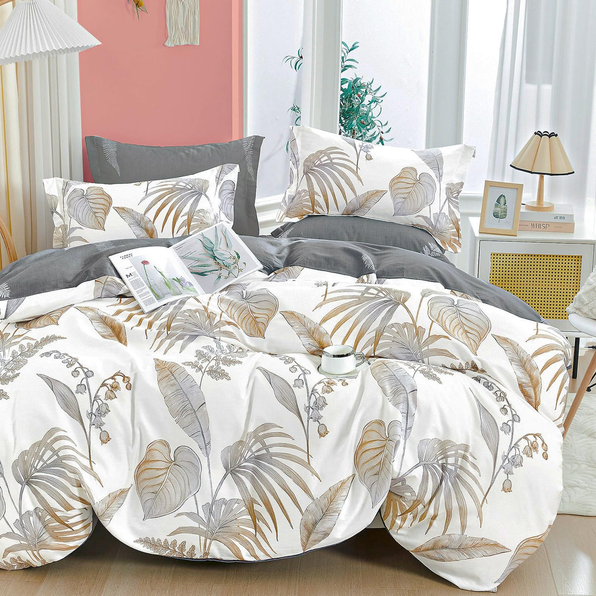 ALEISSEL Natural Cotton 3pcs Floral Comforter Sets King Size-Yellow Comforter with Pink & Yellow Flowers and Blue & Green Leaves on White, Reversible Lightweight Bedding Sets(King 104"×90")