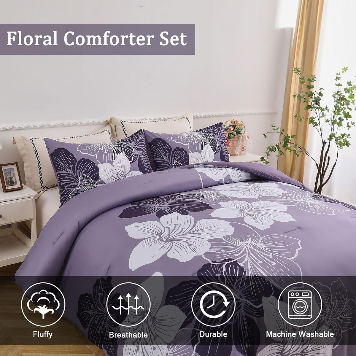 Menghomeus Queen Comforter Set, 3 Piece Dark Purple Floral Bedding Sets