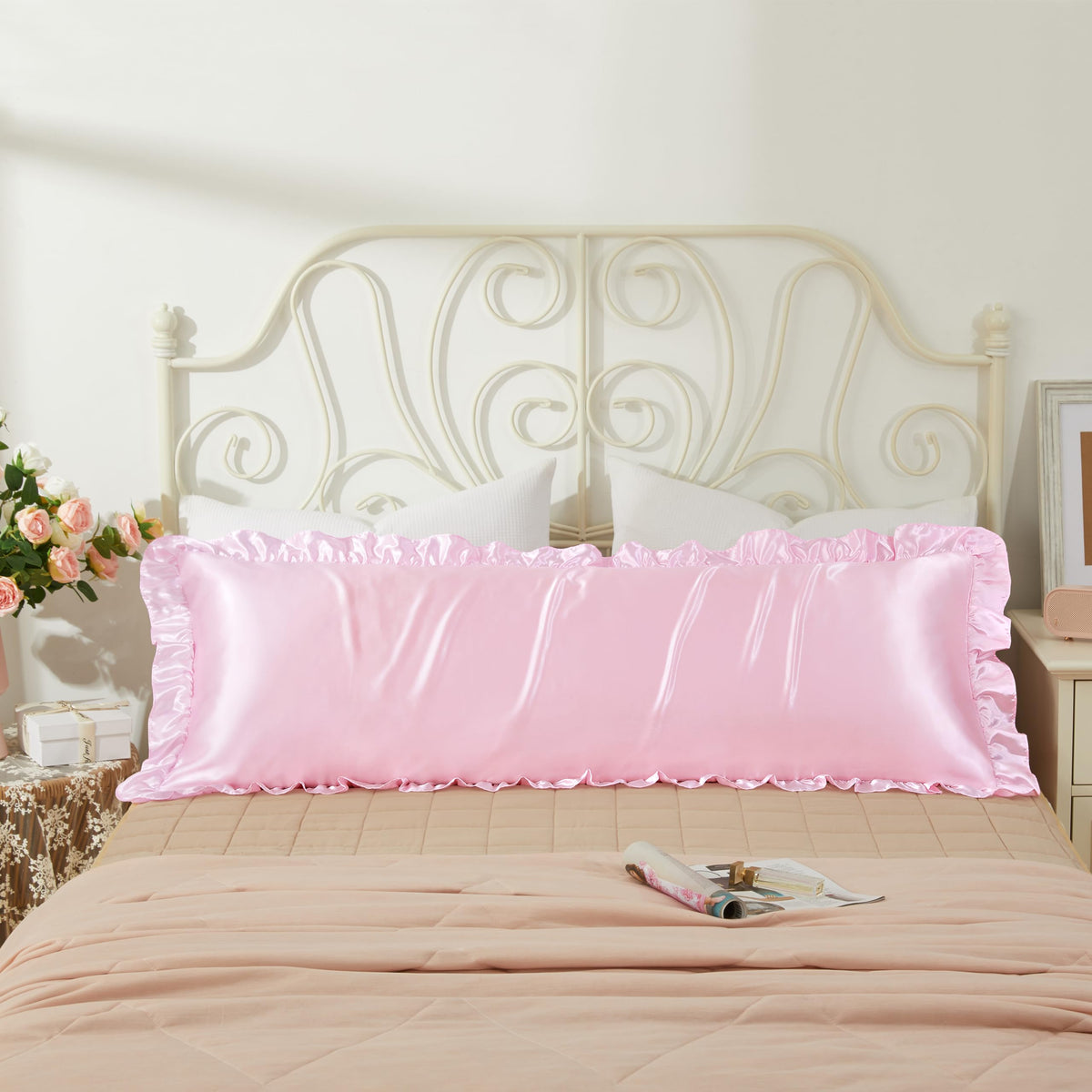 Blush Pink Satin Ruffled Pillow Cases for Hair and Skin,Blush Pink Silk Pillowcases Standard Set of 2 with Envelope Closure Princess Room Decoration