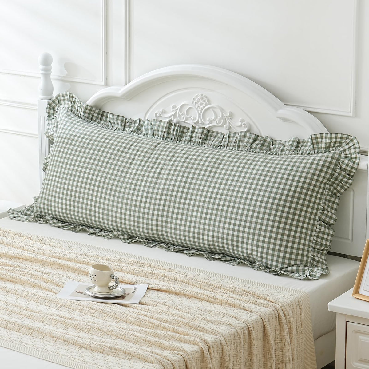 Taupe/White Plaid Ruffled Body Pillow Cover Washed Cotton 20"x54"