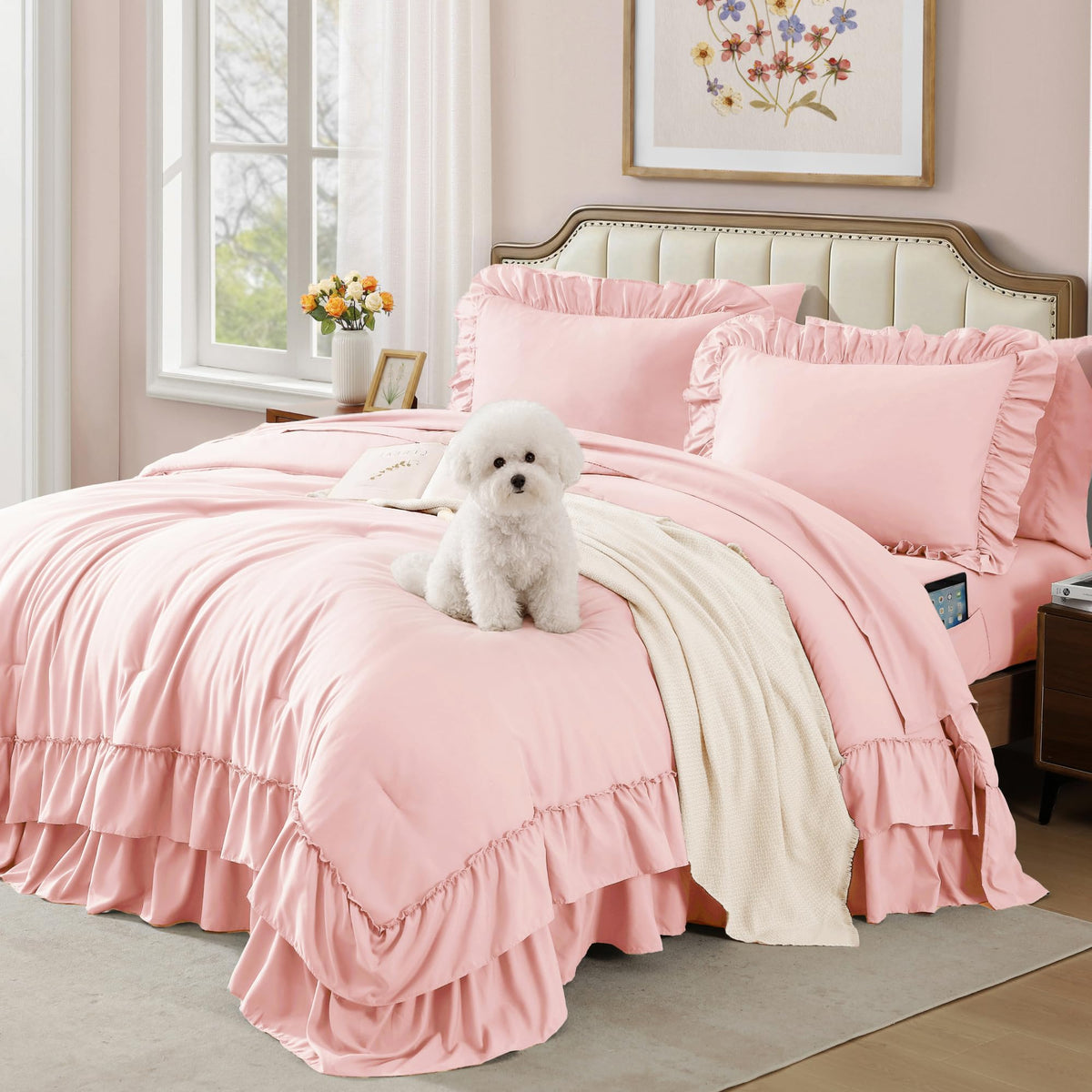 AMBERSPACE Queen Comforter Set White Ruffle 7 Pieces Farmhouse Bed in a Bag