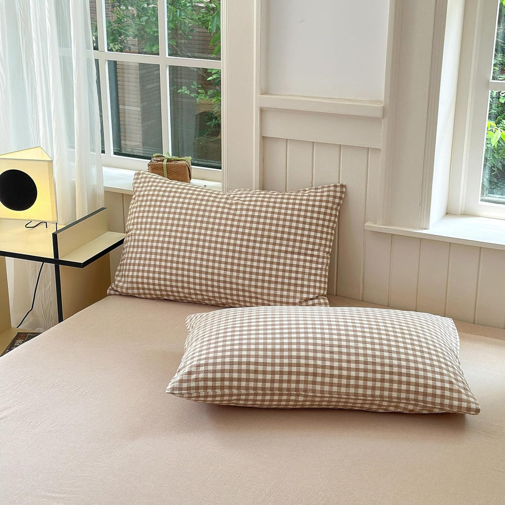 Tan Gingham Pillowcases Set Farmhouse Standard Size Pillow Shams Buffalo Taupe Plaid Pillowcases Set of 2, Grid Checkered Gingham Washed Cotton Pillow Covers with Envelope Closure, 20"×26"