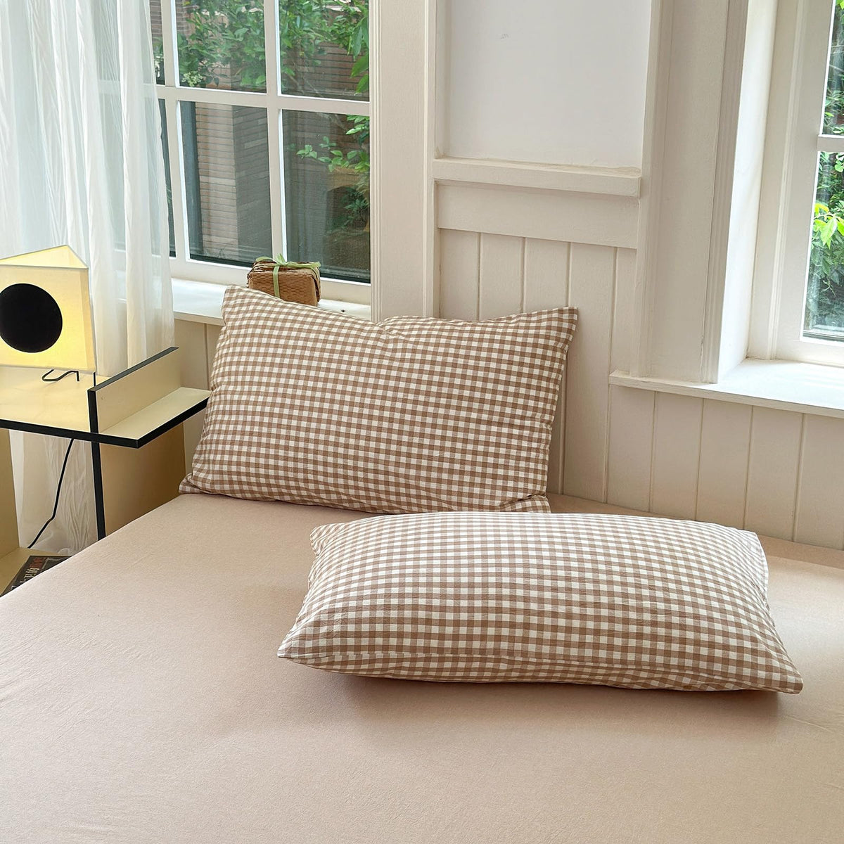 Tan Gingham Pillowcases Set Farmhouse Standard Size Pillow Shams Buffalo Taupe Plaid Pillowcases Set of 2, Grid Checkered Gingham Washed Cotton Pillow Covers with Envelope Closure, 20"×26"