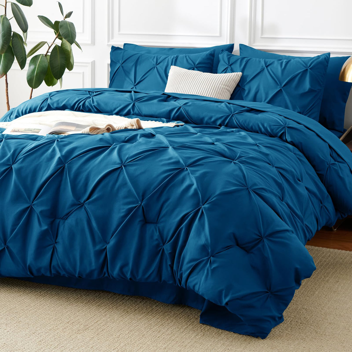 CozyLux Queen Comforter Set Black, 7 Pieces Pintuck Bed in a Bag