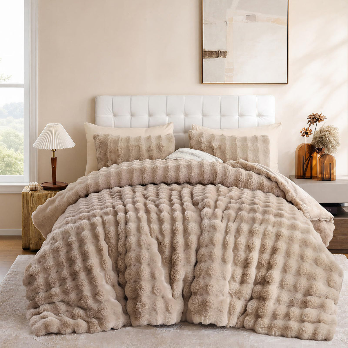 YIKUSH Queen Faux Fur Soft Comforter Set, Fluffy Linen Rabbit Fur Comforter