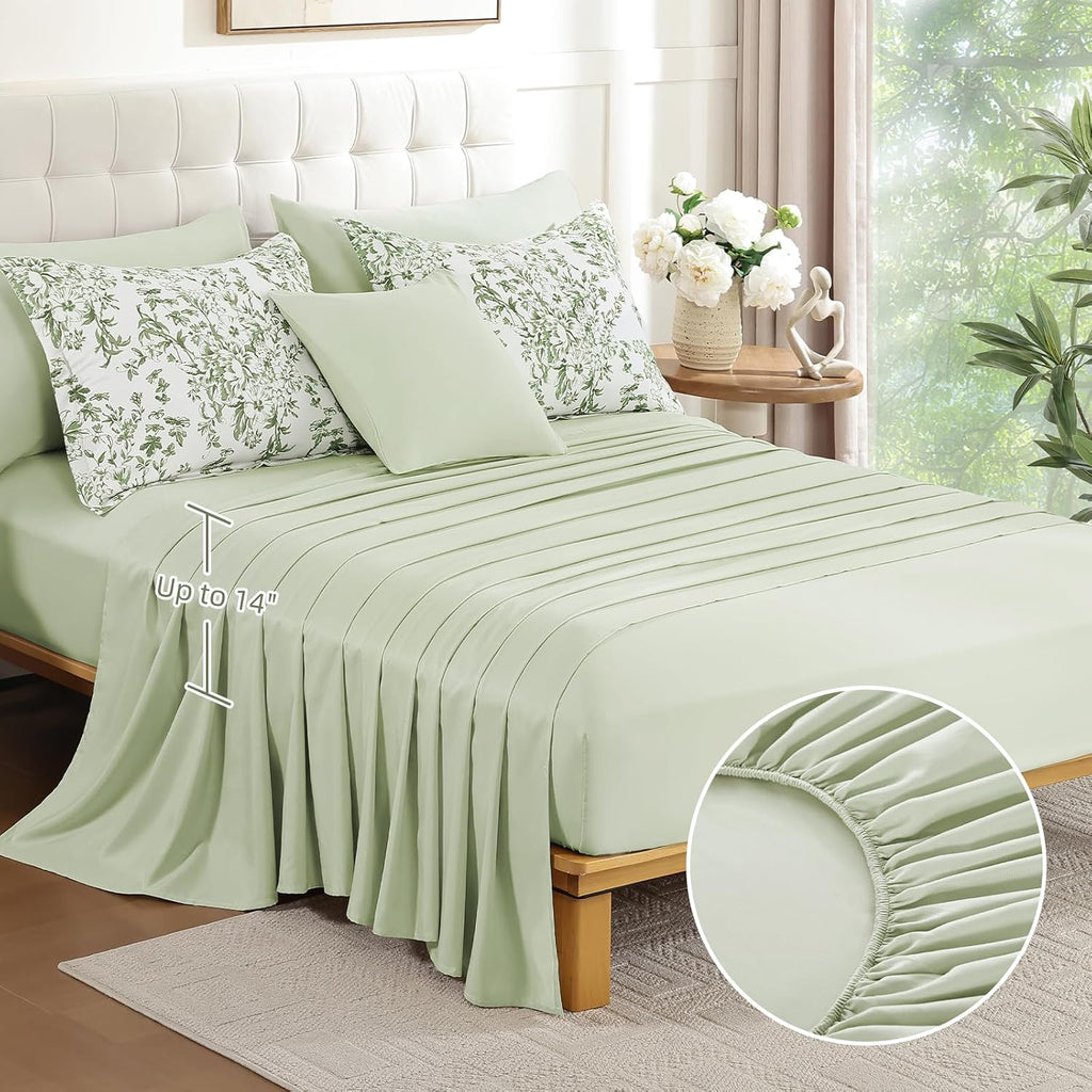WONGS BEDDING 8 Pieces Queen Size Comforter Set Green, Sage Green Floral Bed in a Bag Comforter Sets, Soft Reversible Botanical Flowers Bedding Sets for All Season (90"x90")