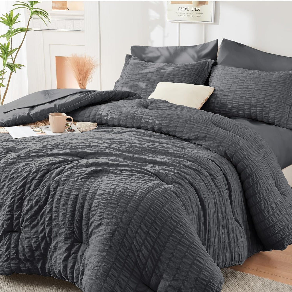 King Comforter Set - 7PCS Bed in a Bag, Seersucker Bedding Set, Dark Grey