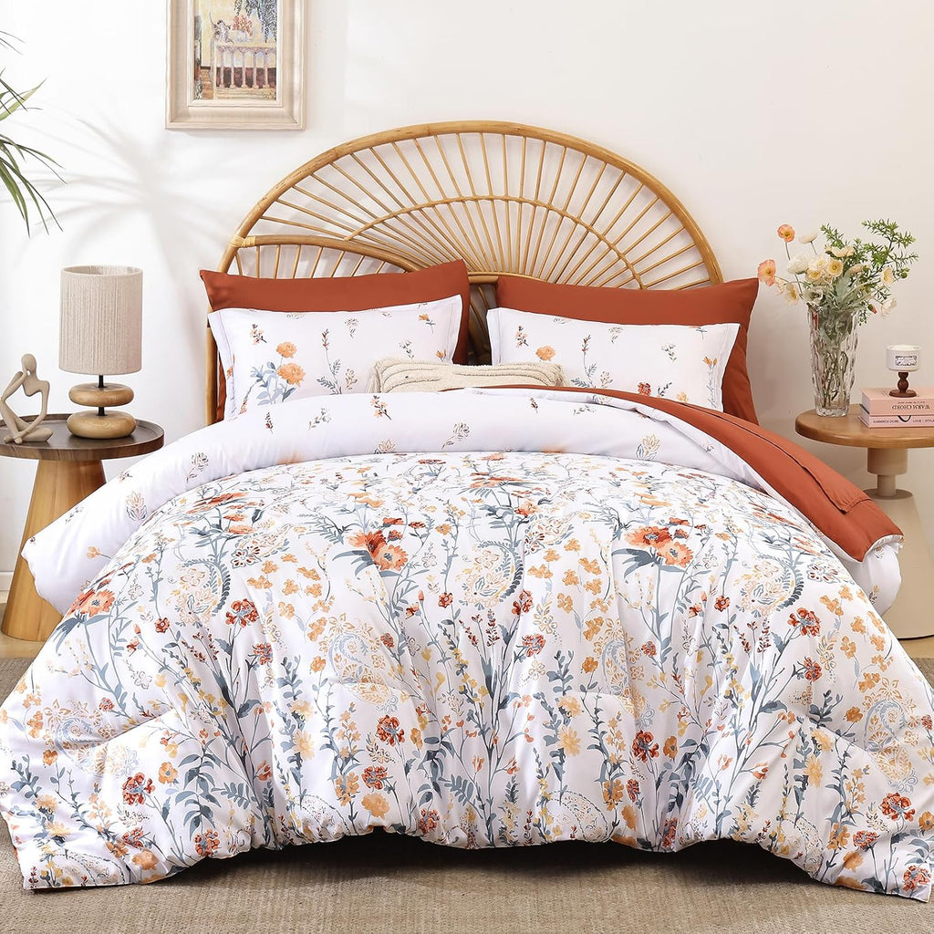 Burnt Orange Floral Comforter Set Queen Size,7 Piece Cute Flower Comforter