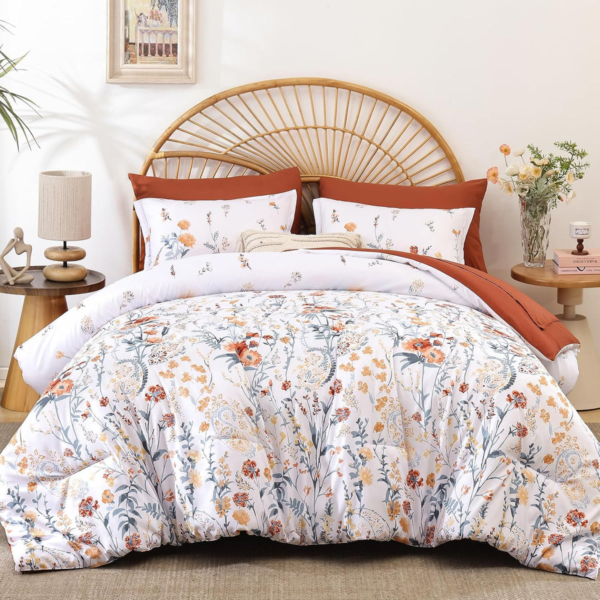 Burnt Orange Floral Comforter Set Queen Size,7 Piece Cute Flower Comforter