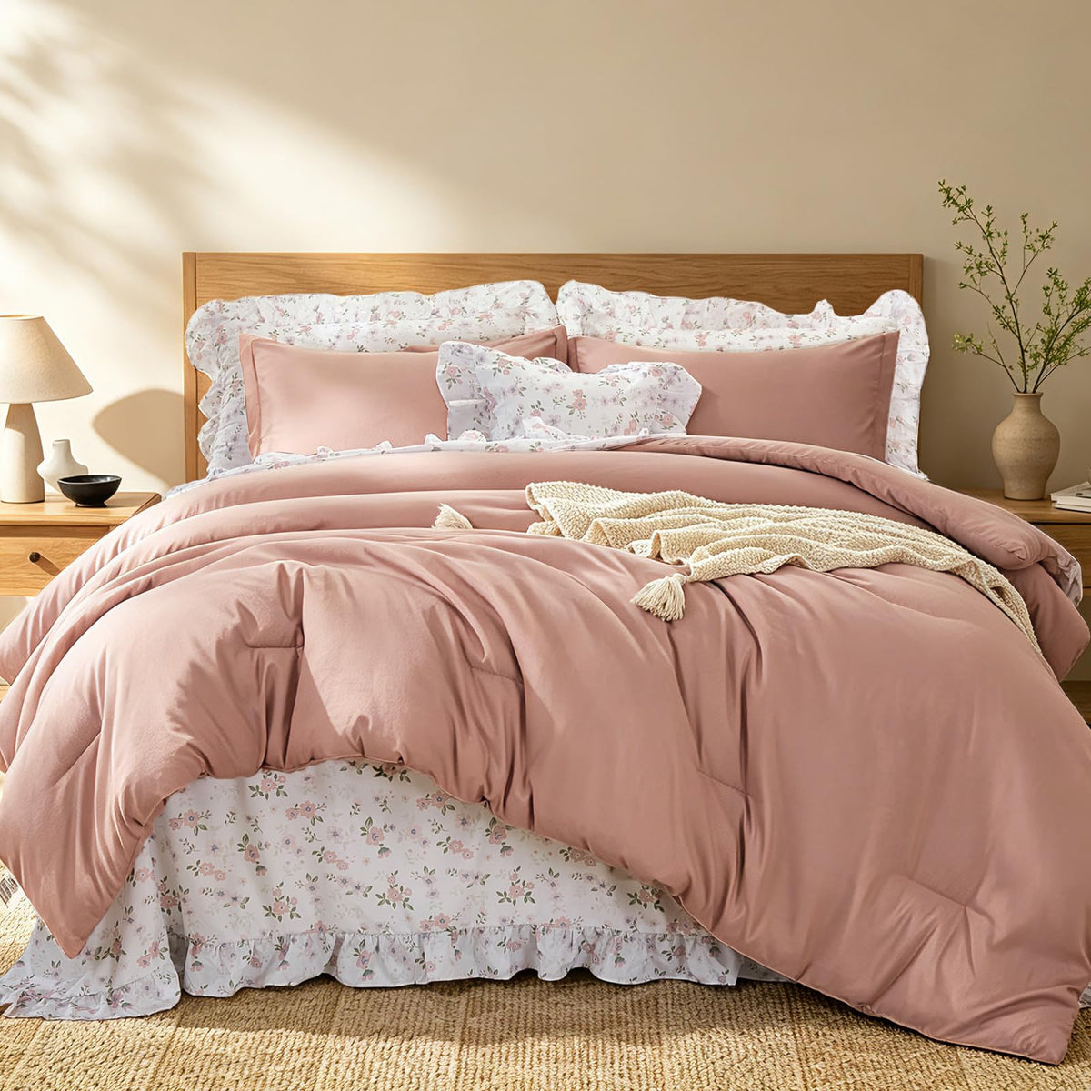 8PC Queen Comforter Set Blue, Ruffle Comforter with Floral Sheets