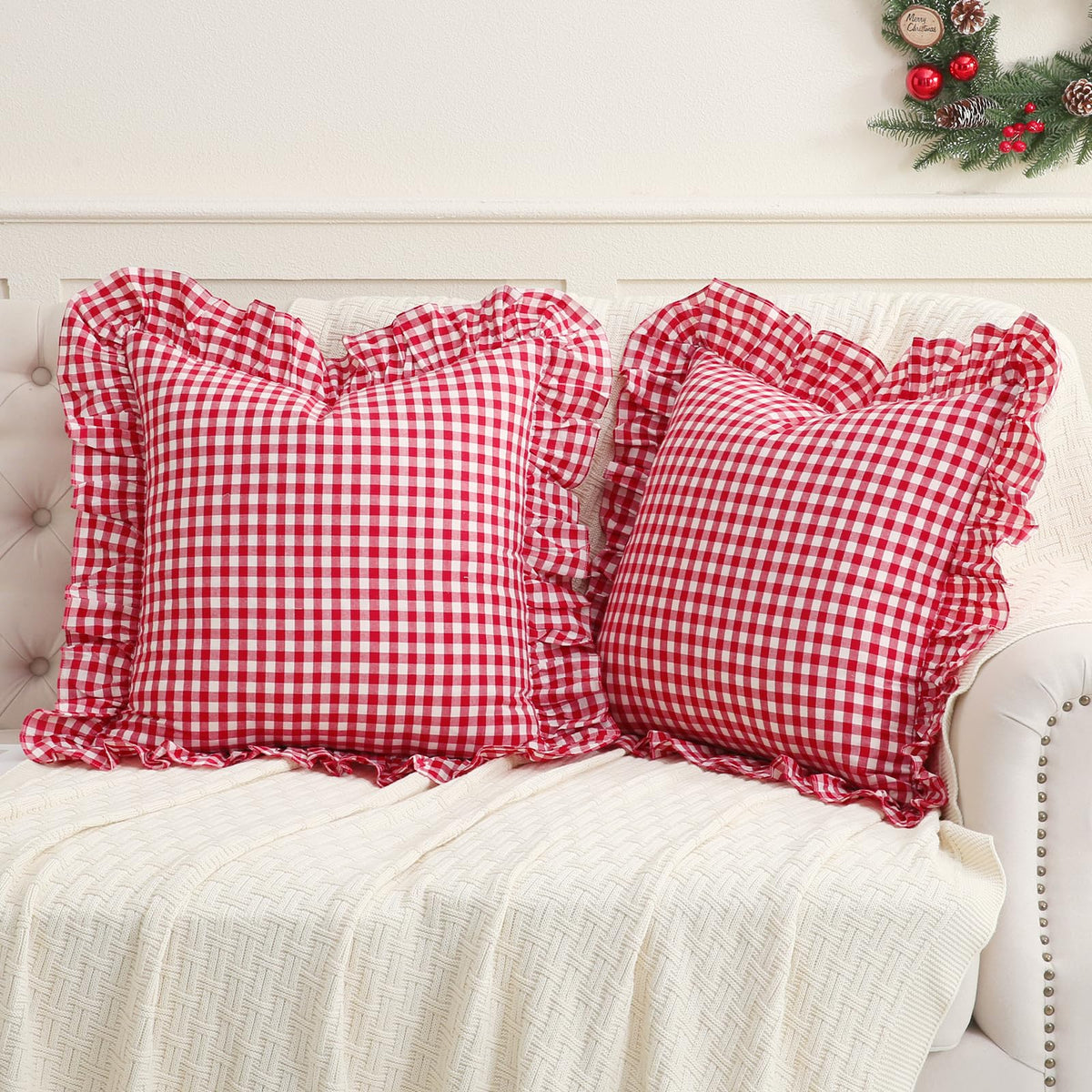 Taupe/White Plaid Ruffled Body Pillow Cover Washed Cotton 20"x54"