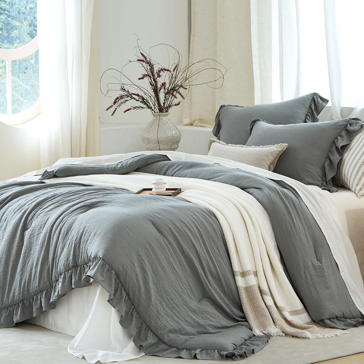 Beige Ruffle 2 Pieces Comforter Set Twin Shabby Chic Bedding Set