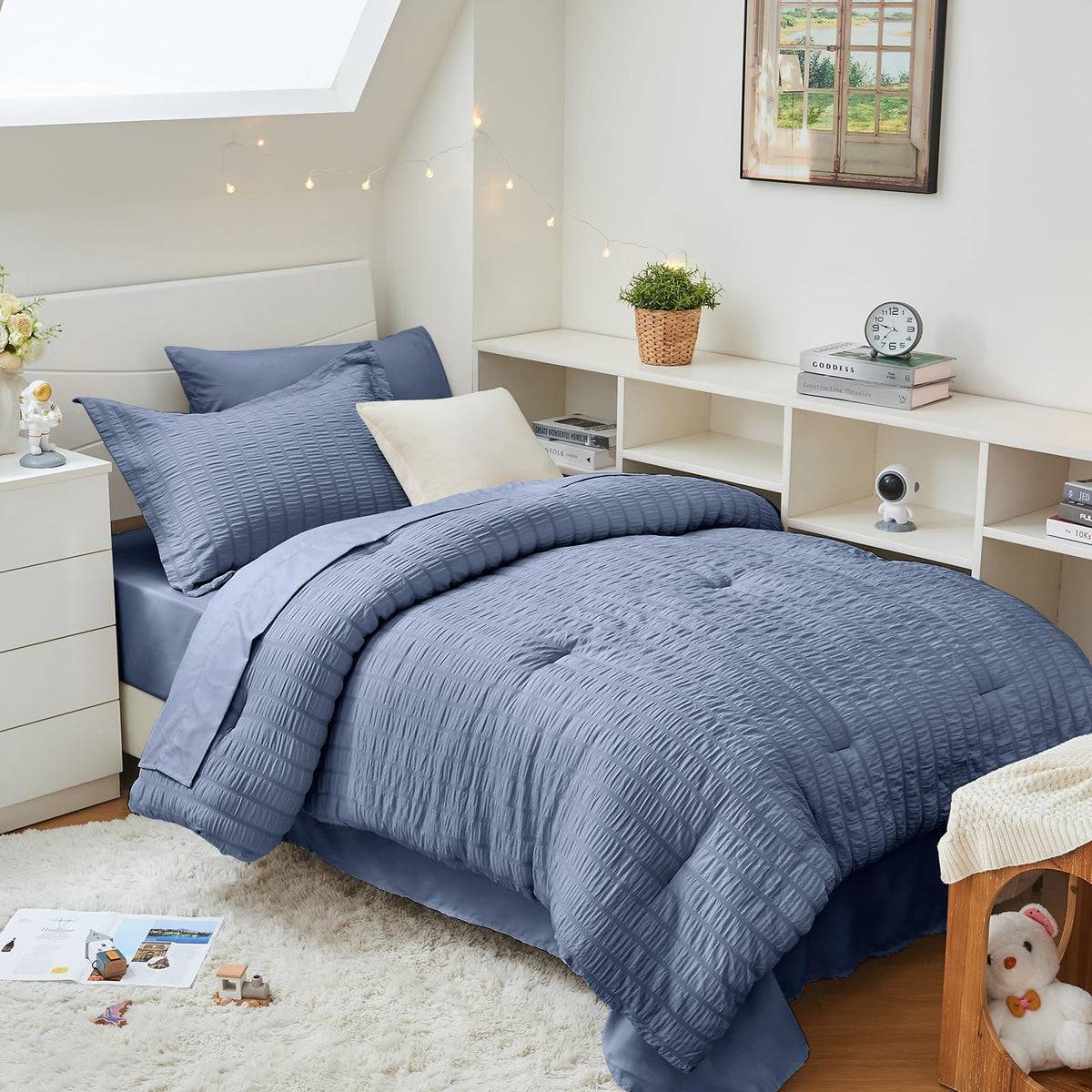 King Comforter Set - 7PCS Bed in a Bag, Seersucker Bedding Set, Dark Grey