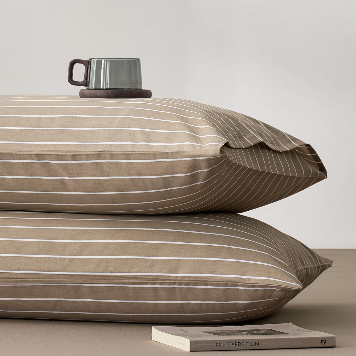 JELLYMONI Cotton Classic Striped Pillowcases Set of 2, Tan, Standard