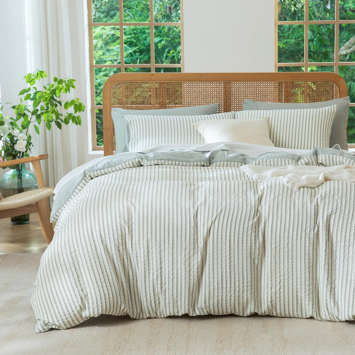 Comforter Set King Size Dusty Pink Soft Luxury Washed Microfiber Jacquard 3 Pieces Bedding Set, White Dusty Pink Vertical Ticking Stripes Comforter with 2 Pillowcases Breathable Durable Comfy