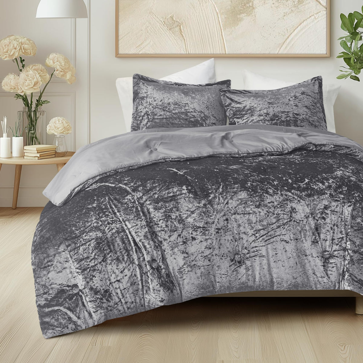 Comfort Spaces Juliette Purple Comforter Set Velvet Lush with Soft Brushed Microfiber Reverse, All Season Cozy Velvet Lavender Bedding Sets, Fluffy Comforter Bed Set, Matching Sham, Full/Queen 3 Piece