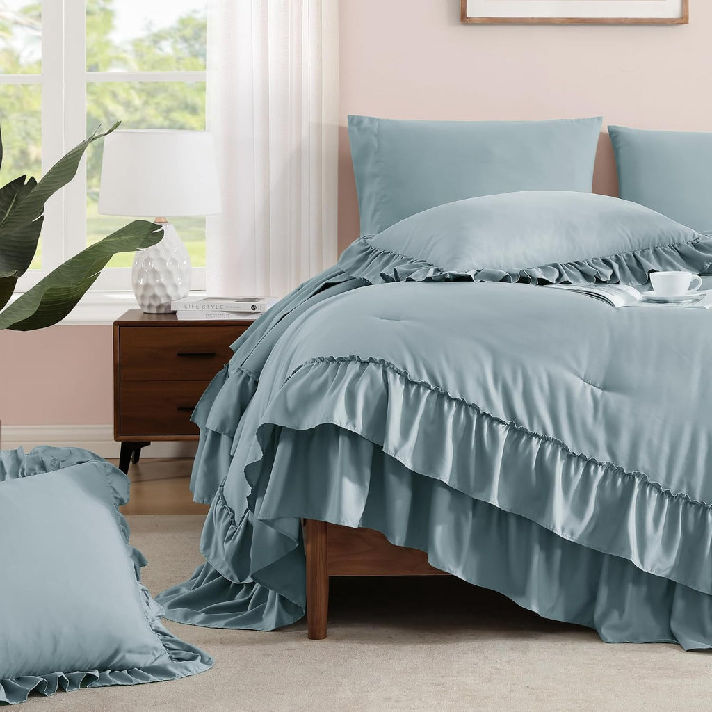 Queen Comforter Set Dusty Blue Ruffle 7 Pieces Farmhouse Bed in a Bag