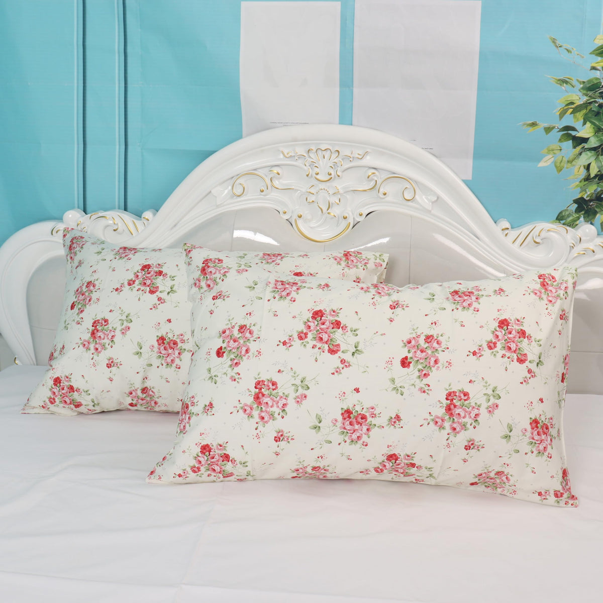 Cotton Pillow Cases Standard Size Set of 2, Flower Printed Queen Pillowcases, Premium Quality Machine Washable