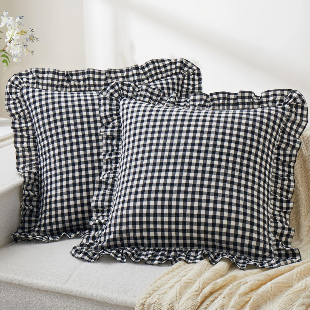 KKJIAF 2 Pcs Plaid Ruffle Pillow Case Standard Size, Sage Green Plaid