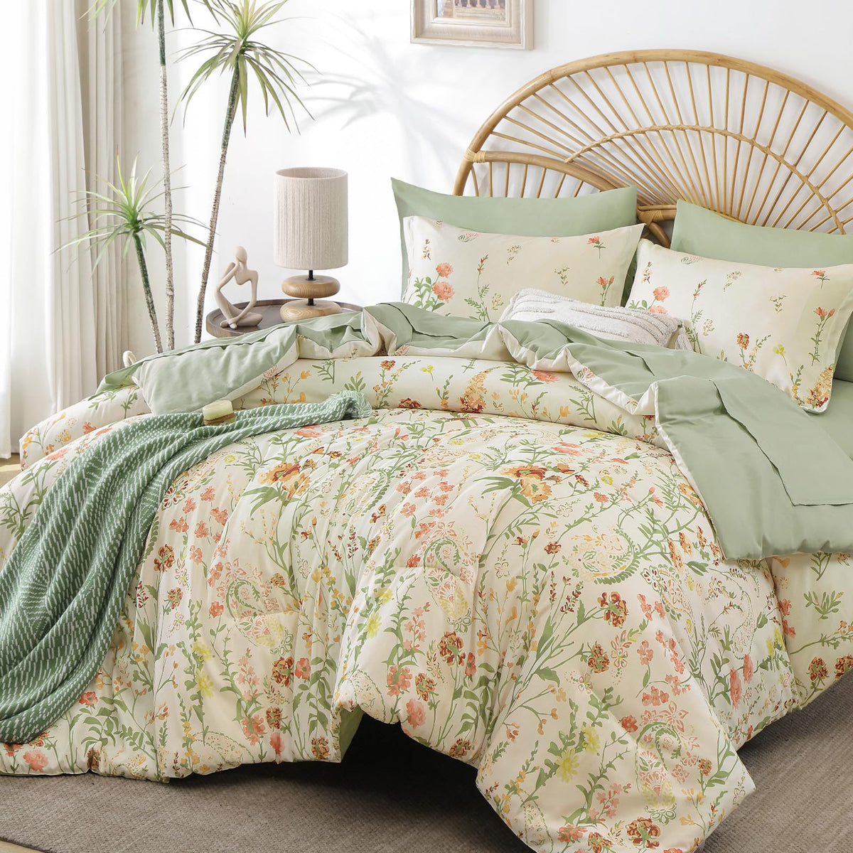 Burnt Orange Floral Comforter Set Queen Size,7 Piece Cute Flower Comforter