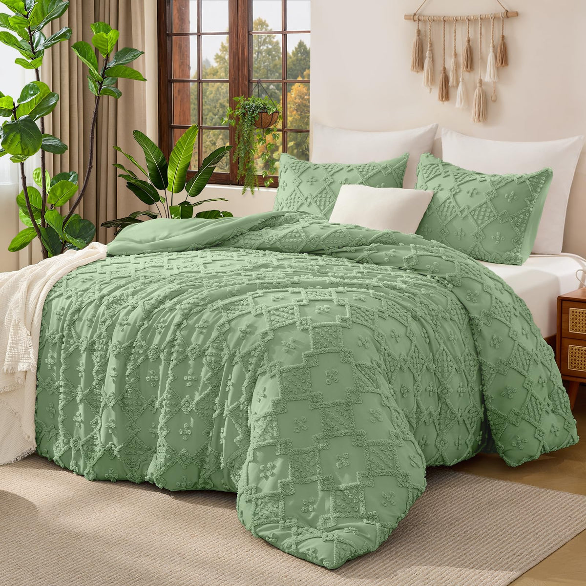 Tufted Boho Comforter Set, 3 Pieces Pink Boho King Bedding Set