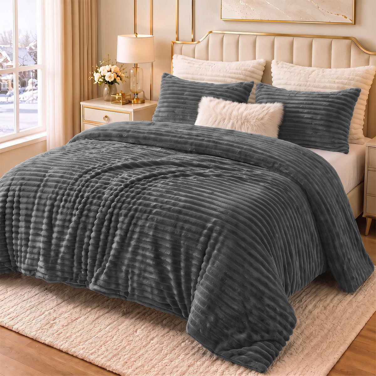 CozyLux Fleece Queen Comforter Set, 3 Piece Winter Warm Black Bedding