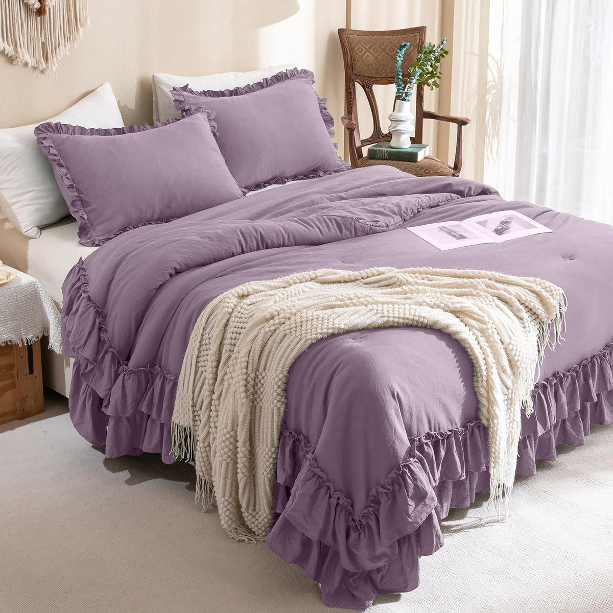 Masaca Ruffled Comforter Set Queen,Farmhouse Shabby Boho Chic Bedding Wheat and White Ruffle Comforter Vintage Rustic French Country Elegant Bedding Set 3PCS