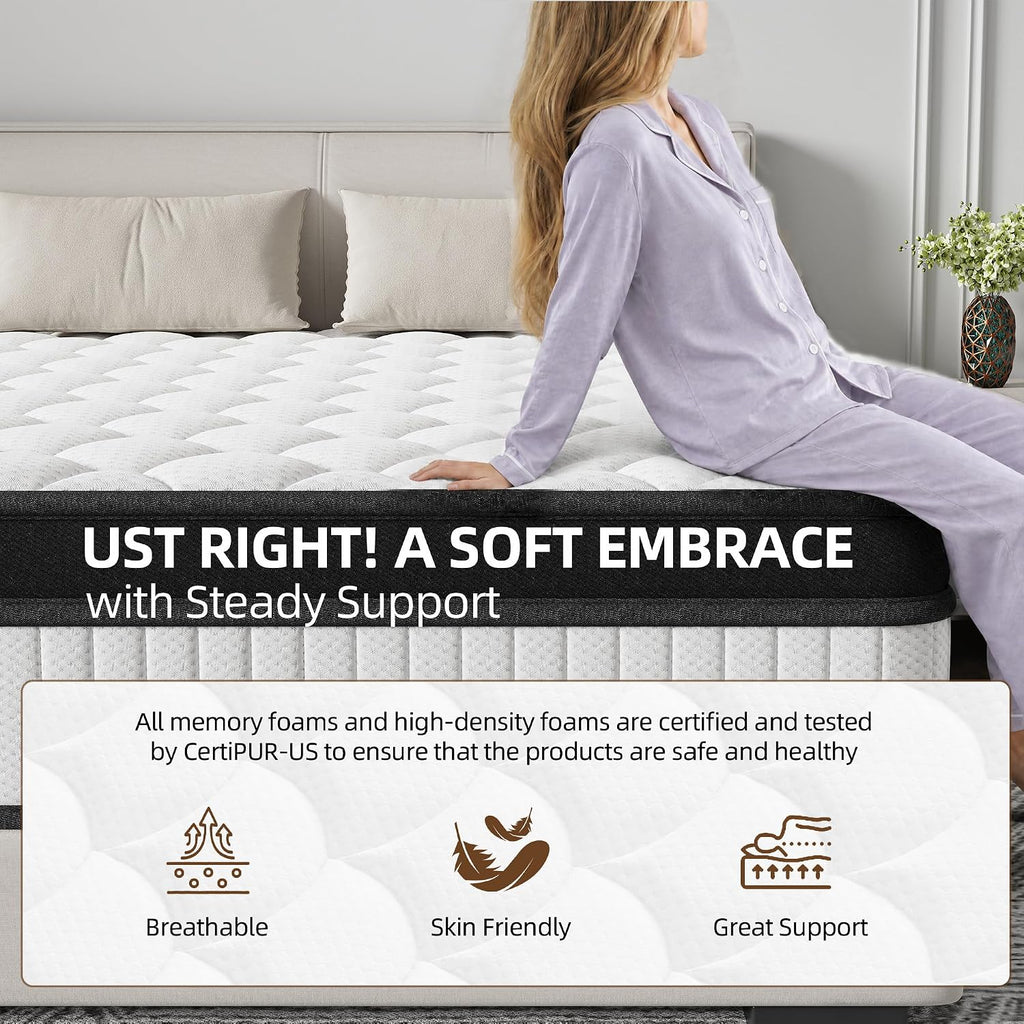 14 Inch Queen Hybrid Mattress - Medium Firm Memory Foam and Pocket Spring Bed in a Box - Cooling Gel for Pressure Relief, Certified Motion Isolation, Fiberglass Free Mattress for Queen Bed