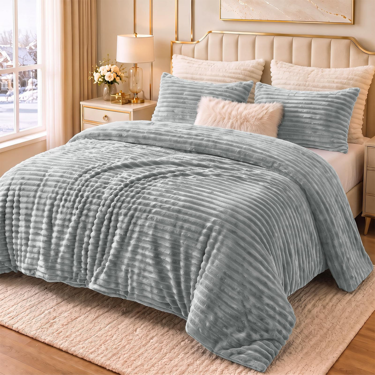 CozyLux Fleece Queen Comforter Set, 3 Piece Winter Warm Black Bedding