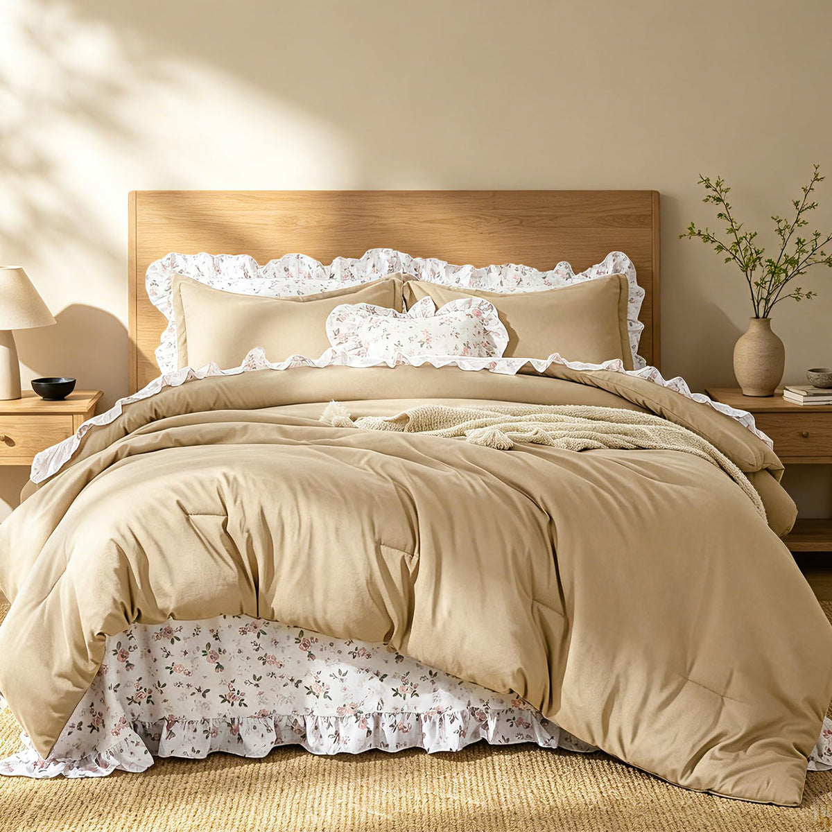 8PC Queen Comforter Set Green, Ruffle Comforter with Floral Sheets