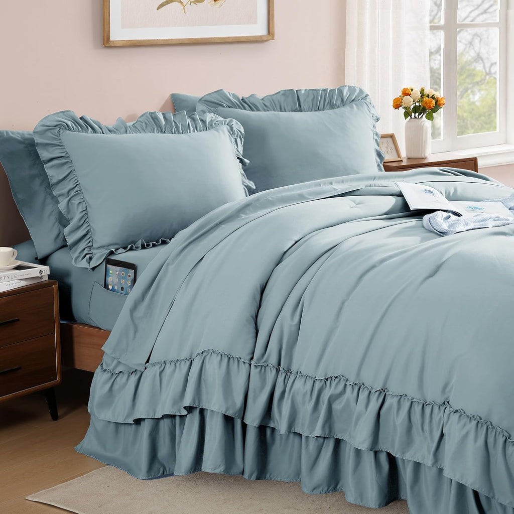 Queen Comforter Set Dusty Blue Ruffle 7 Pieces Farmhouse Bed in a Bag