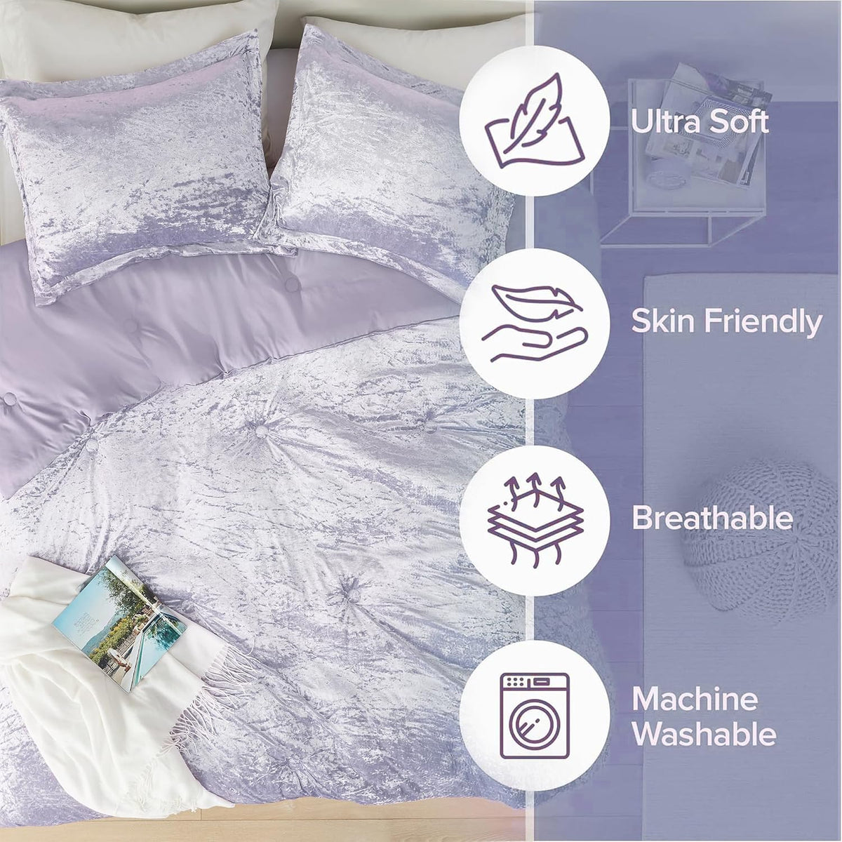 Comfort Spaces Juliette Purple Comforter Set Velvet Lush with Soft Brushed Microfiber Reverse, All Season Cozy Velvet Lavender Bedding Sets, Fluffy Comforter Bed Set, Matching Sham, Full/Queen 3 Piece