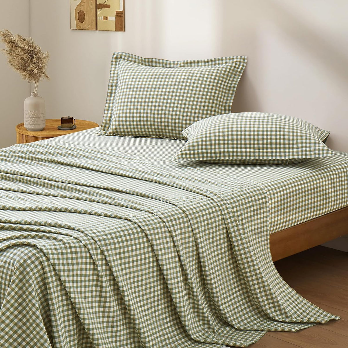 Sage Green Plaid Gingham Pillowcases, 20x26 Inches, Set of 2