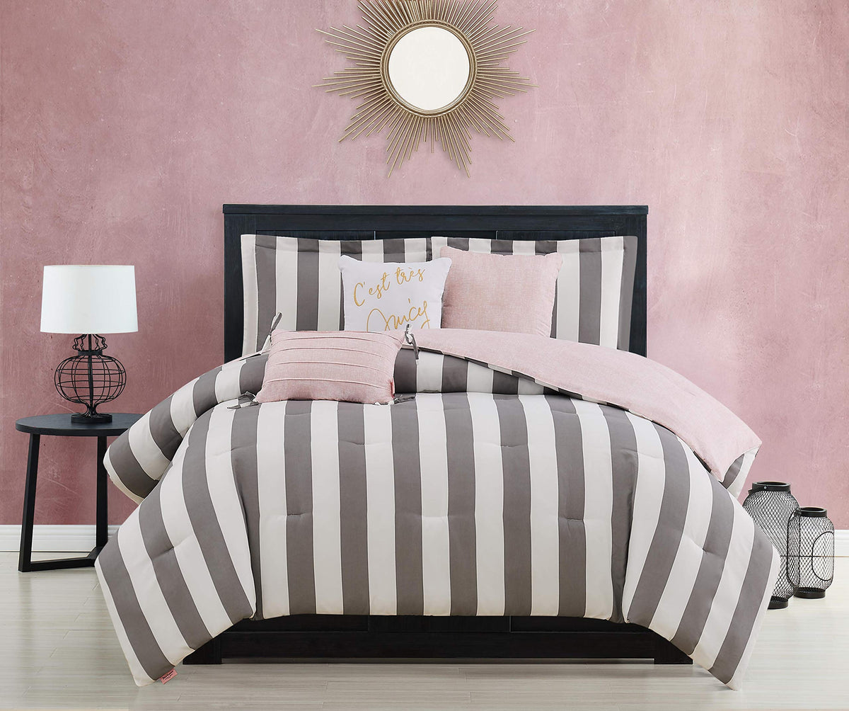Juicy Couture Cabana Stripe Reversible Bedding Set - Queen Size - Black and White Stripe Print – 6 Piece Set – Includes 1 90" x 90" Comforter, 3 Decorative Pillows, 2 Shams