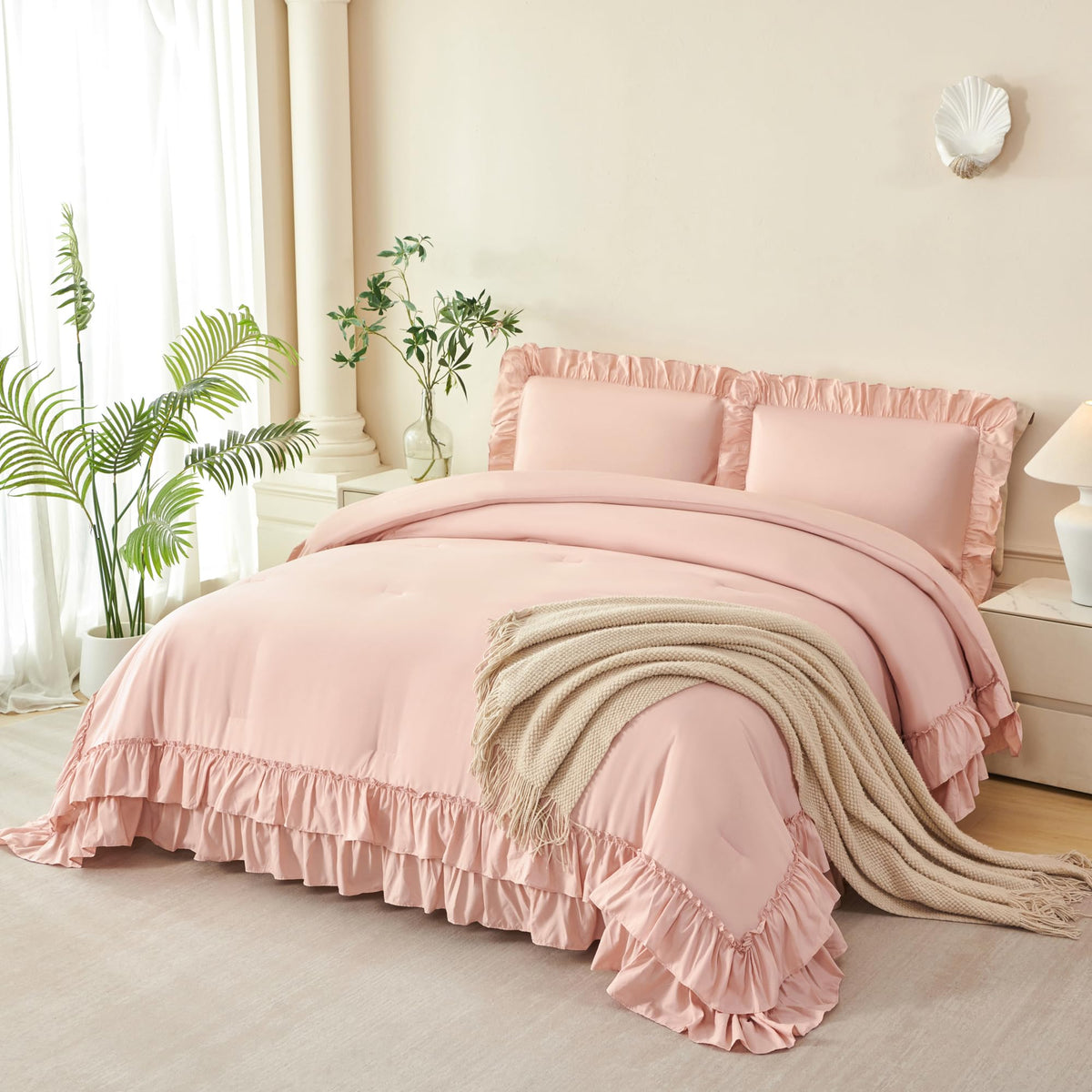 ANGIYUIN 5Pcs Beige Ruffled Comforter Set Queen Double-Layer Ruffle Bedding Comforter Set for Women Girls Fluffy Shabby Chic Bed in a Bag with Sheets(Beige Queen)