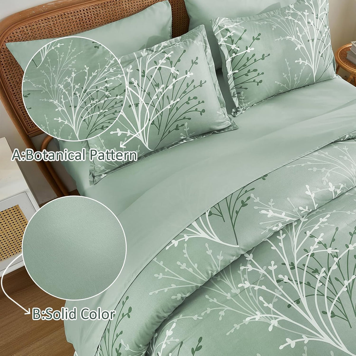 DJY Sage Green Comforter Set 7 Piece Branch Botanical Bed in a Bag