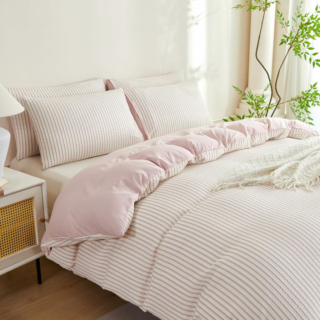 Comforter Set King Size Dusty Pink Soft Luxury Washed Microfiber Jacquard 3 Pieces Bedding Set, White Dusty Pink Vertical Ticking Stripes Comforter with 2 Pillowcases Breathable Durable Comfy