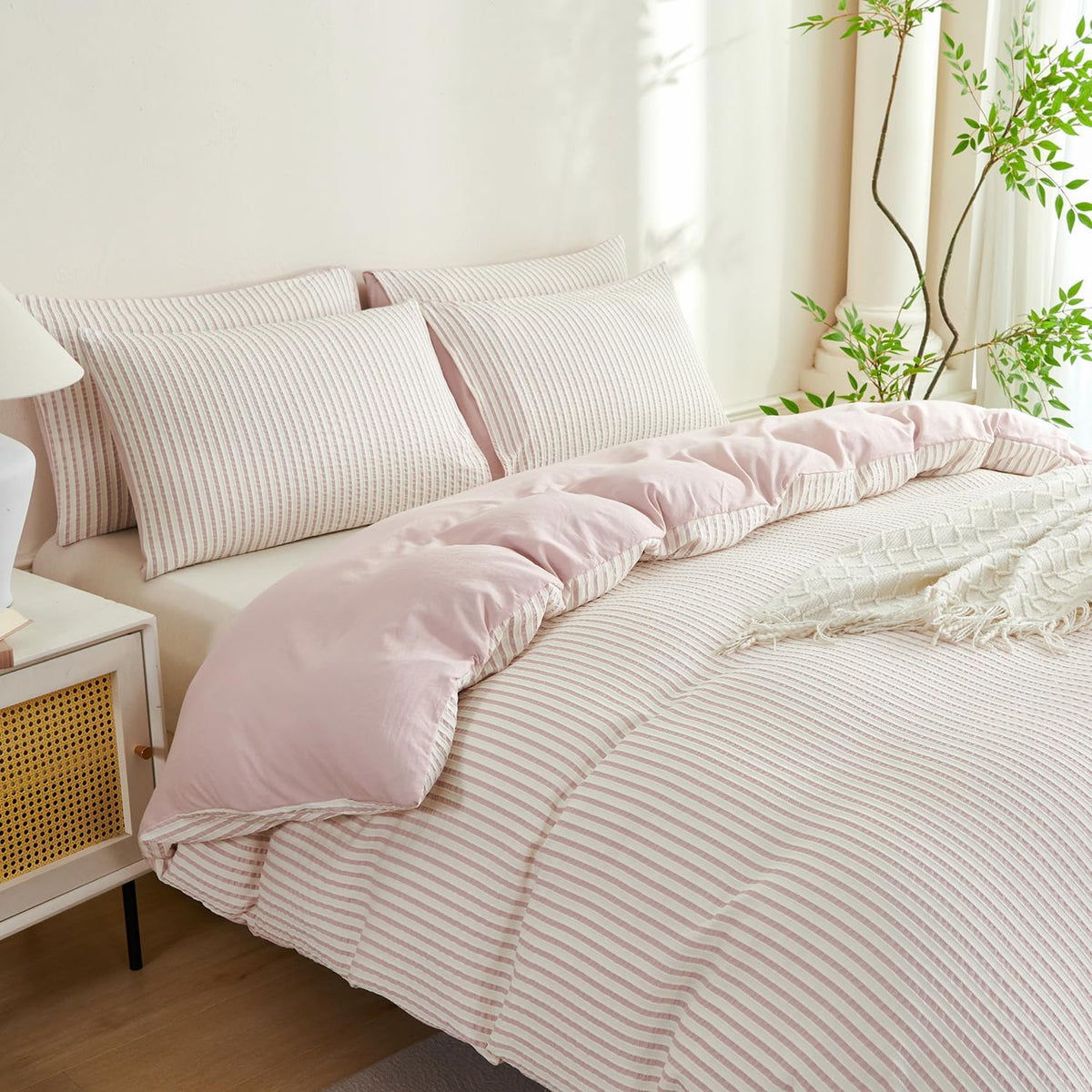 Comforter Set King Size Dusty Pink Soft Luxury Washed Microfiber Jacquard 3 Pieces Bedding Set, White Dusty Pink Vertical Ticking Stripes Comforter with 2 Pillowcases Breathable Durable Comfy