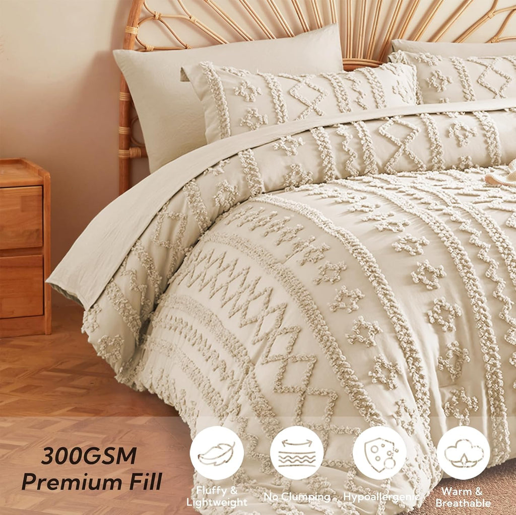 MR&HM Queen Comforter Set 7 Pieces, Fluffy Tufted Boho Beddding Set Beige