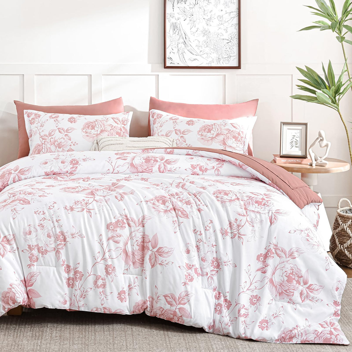 Luxudecor Blue Rose Floral Queen Comforter Set, 7 Pieces Bed in a Bag
