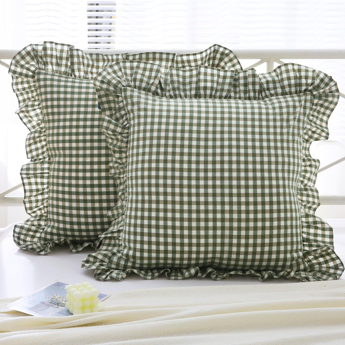 Mywinlle Taupe Plaid Gingham Ruffle Decorative Throw Pillow Covers 18"x18"