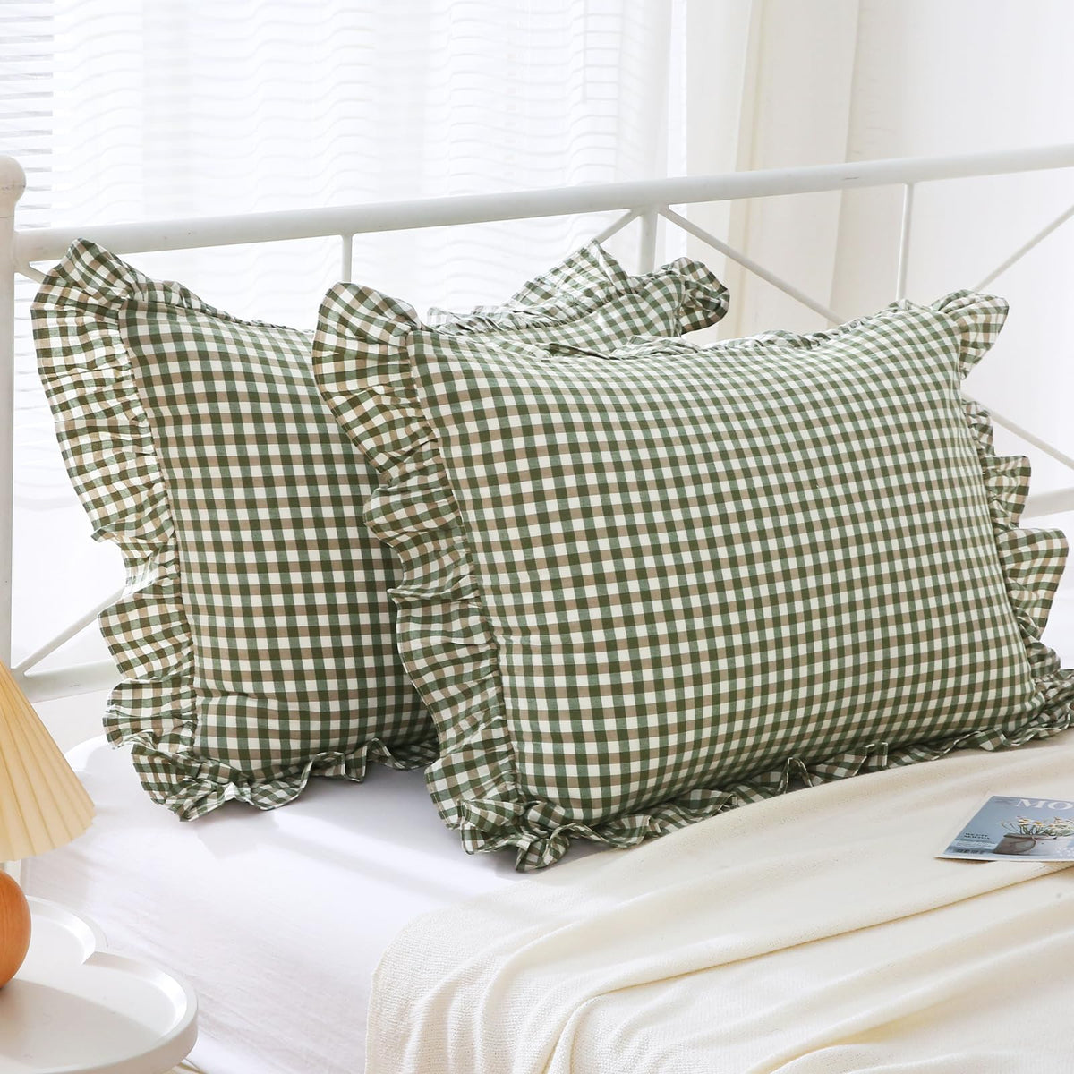 Mywinlle Taupe Plaid Gingham Ruffle Decorative Throw Pillow Covers 18"x18"