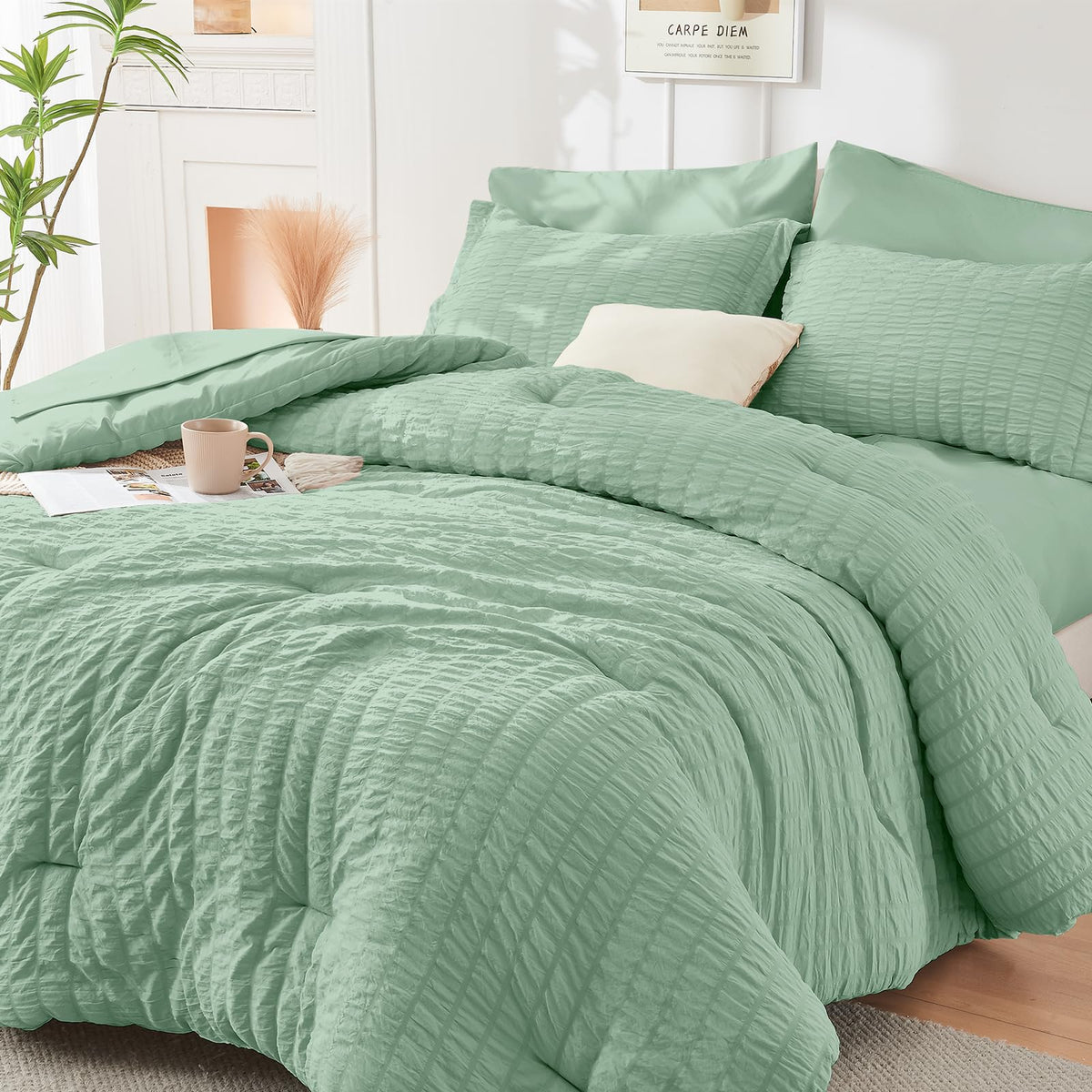 King Comforter Set - 7PCS Bed in a Bag, Seersucker Bedding Set, Dark Grey