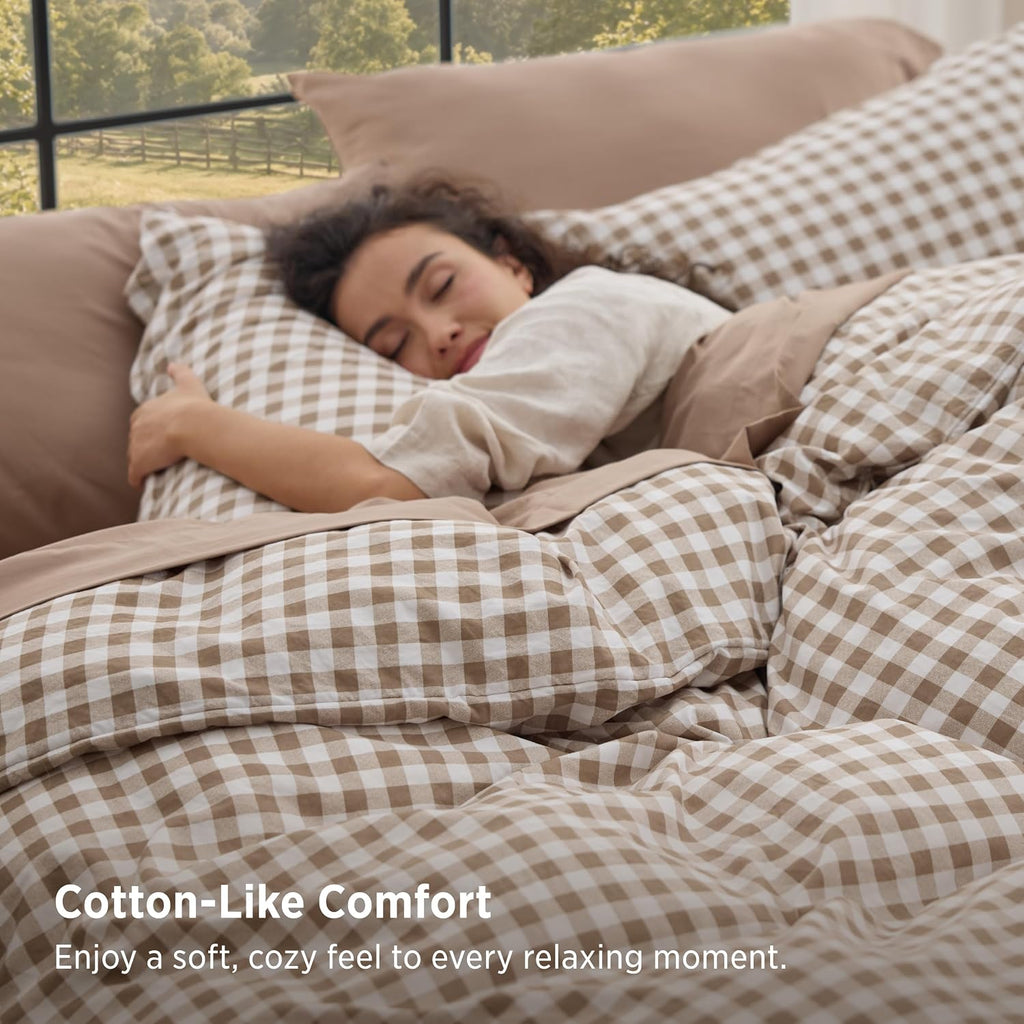 Bedsure Full Comforter Set Brown Gingham, Soft Fall Bed 3 pcs 82"x86"