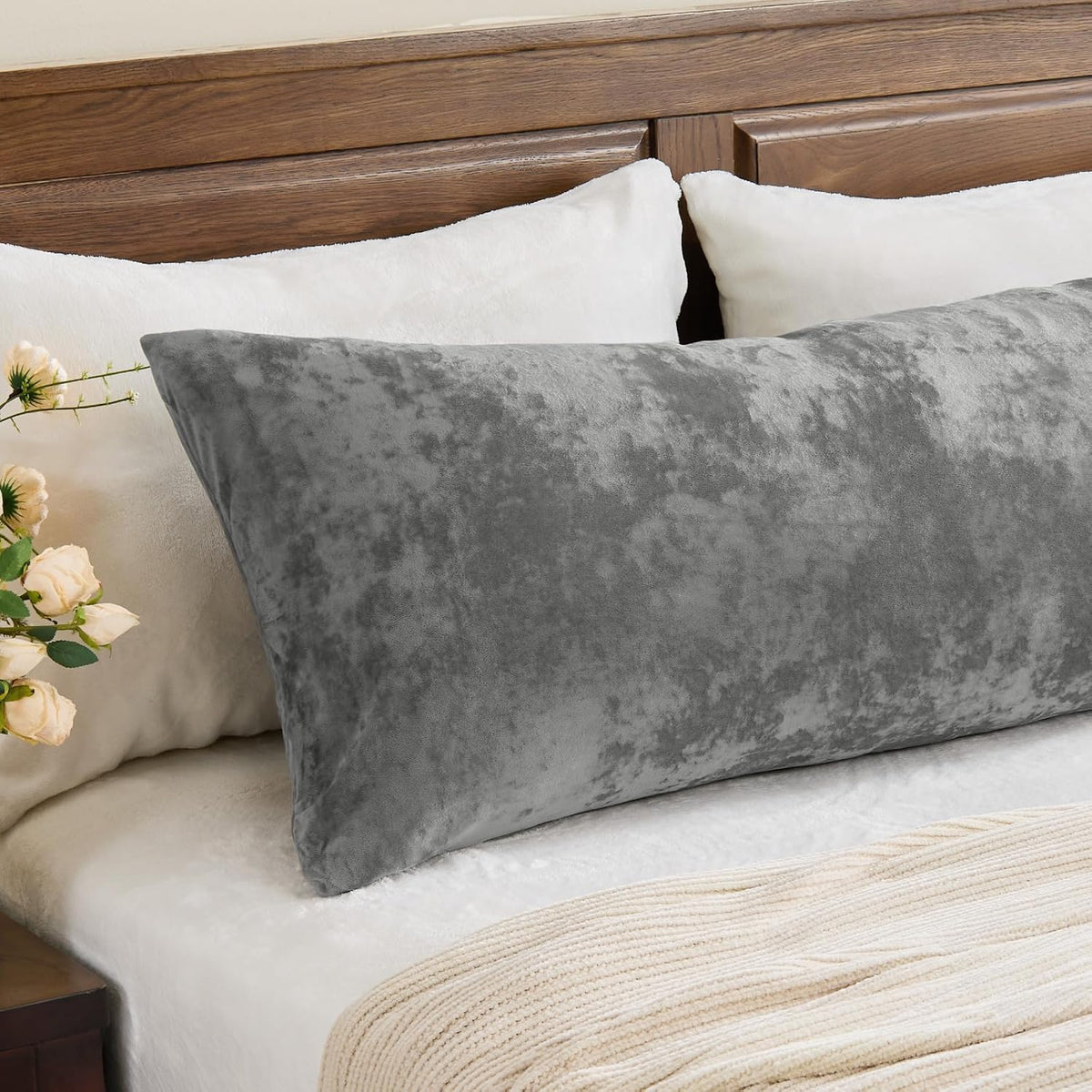 BEDELITE Velvet Body Pillow Cover with Zipper, Grey, 20x54 Inch, 1 Pack