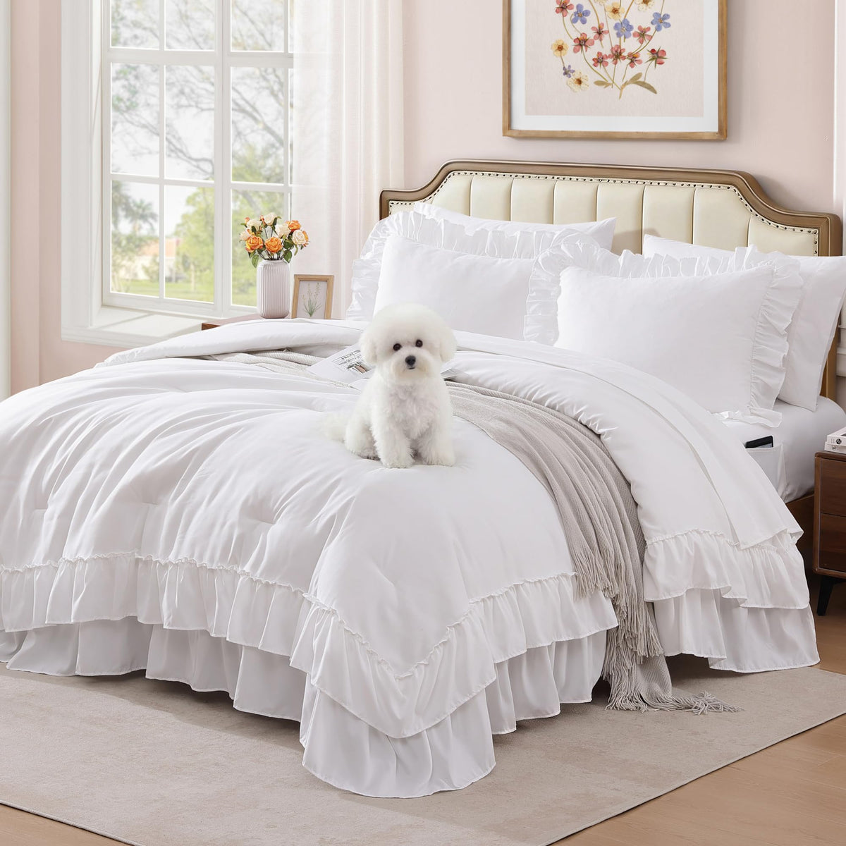 AMBERSPACE Queen Comforter Set White Ruffle 7 Pieces Farmhouse Bed in a Bag