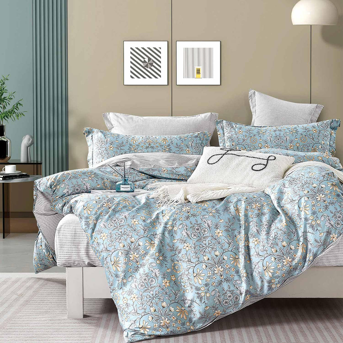 ALEISSEL Natural Cotton 3pcs Floral Comforter Sets King Size-Yellow Comforter with Pink & Yellow Flowers and Blue & Green Leaves on White, Reversible Lightweight Bedding Sets(King 104"×90")
