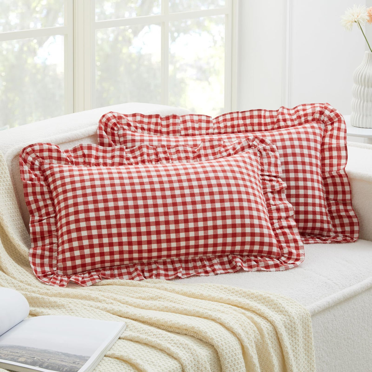 KKJIAF 2 Pcs Plaid Ruffle Pillow Case Standard Size, Sage Green Plaid